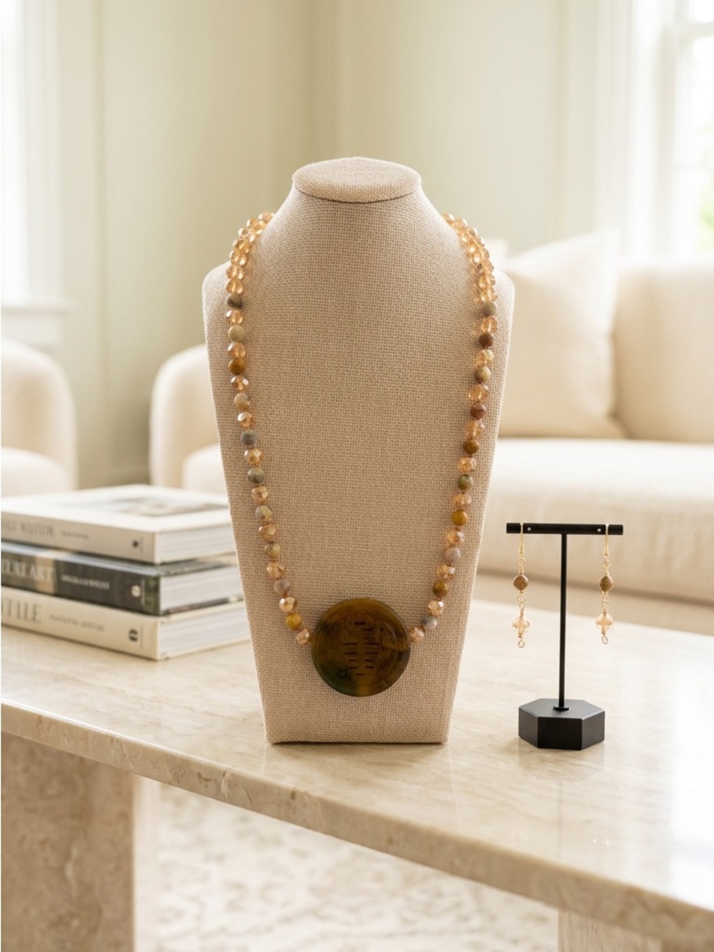 Gold Tone Crystal & Stone Beaded Necklace with Carved Jade Pendant & Earrings